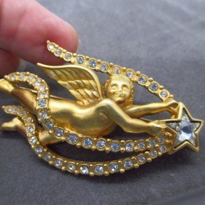 Sparkly Swarovski Swan Mark Brooch Gold Plated, Crystals Angel w/Shooting Star